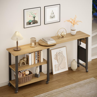 Rotating End Table with Charging Station, 360 Swivel End Table with Locking Wheels, Storage Bag & Movable Side Table, Mobile Storage Cart for Bedroom Living Room Office - Natural