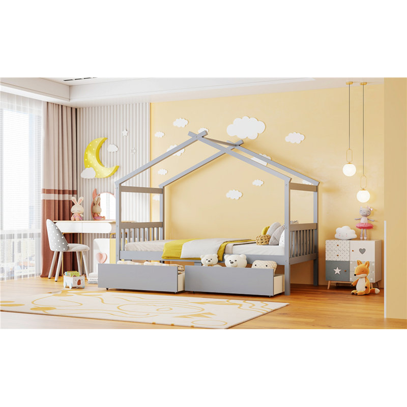 Lit en bois avec tiroirs, Gris, Lit simple