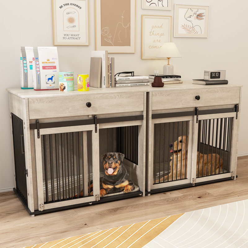 Large Dog Crate Furniture with Drawer Storage, Sliding Doors, Rotating Bowls, Grey