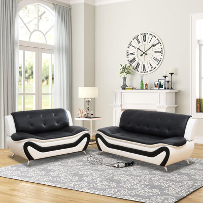 Black and White Faux Leather 2-Piece Living Room Sofa Set with Tufted Cushions and Pillow-Top Arms
