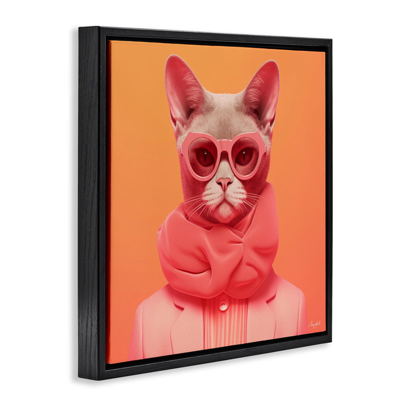 Chat rétro sur cadre flottant orange, design par Roozbeh, H 25 po x l 25 po, Cadre flottant noir de jais