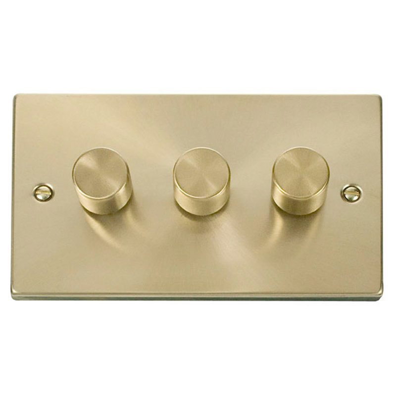 Satin Brass 3 Gang 2 Way LED 100W Trailing Edge Dimmer Light Switch