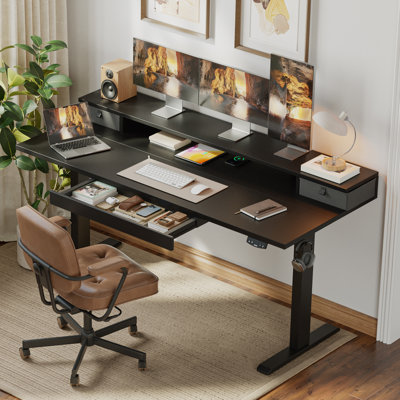Electric Height Adjustable Desk with Storage Shelf,Standing Desk with 3 Drawers for Home Office