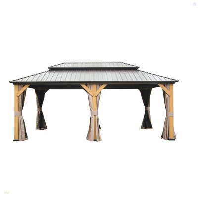 Hardtop Gazebo, Outdoor Cedar Wood Frame Canopy With Galvanized Steel Double Roof, Outdoor Permanent Metal Pavilion With Curtains And Netting For Patio, Backyard And Lawn