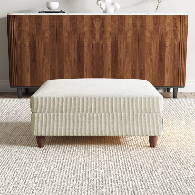 Upholstered Beige Square Corduroy Ottoman with Solid Wood Legs, Single Ottoman Modular Part For Sectional Sofa, Beige