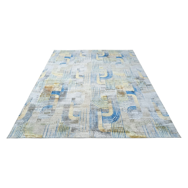 Hand Knotted Geometric Area Rug in Blue/Yellow/Gray, Rectangle 5' x 8'