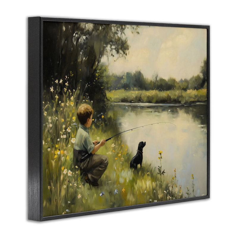 Garçon et chiot, pêche, estampe numérique, conception par Arlington Prints, Giclée encadrée noir minuit, H 24 po x l 30 po