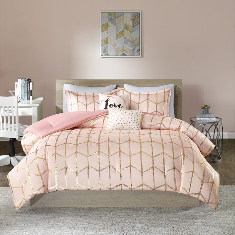 King/Cal King Metallic Printed Comforter Set, Blush/Gold, King/Cal King Comforter + 4 Additional Pieces