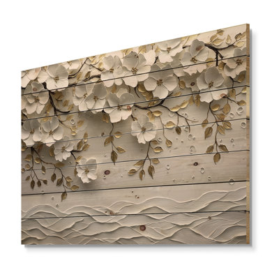 Wildflowers Golden Creamy Blossom Tree - Wildflowers Wood Wall Art - On Natural Pine Wood