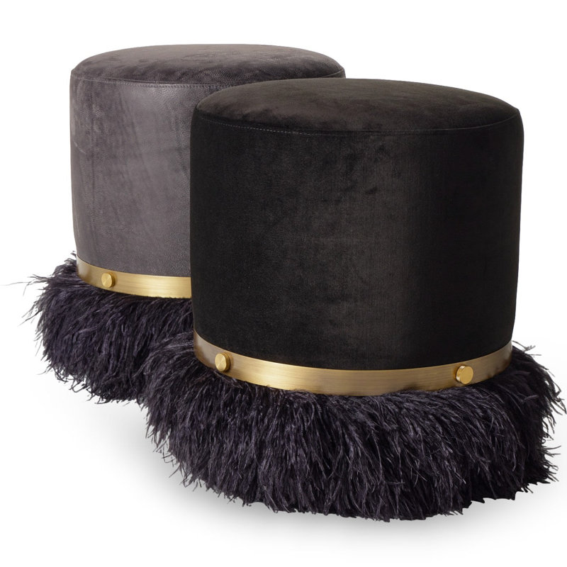 Leather Ostrich Fluff Pouf, Charcoal/Black