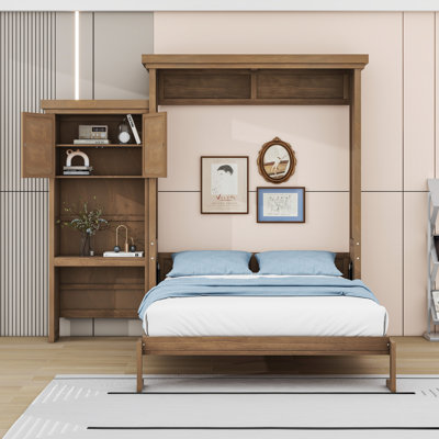 Grand lit escamotable en bois avec tablettes de rangement multifonctionnelles et lattes intégrées
