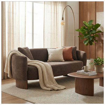 Curved Boucle Sofa with Wooden Base, Upholstered Couch for Comfortable and Stylish Living Room Seating