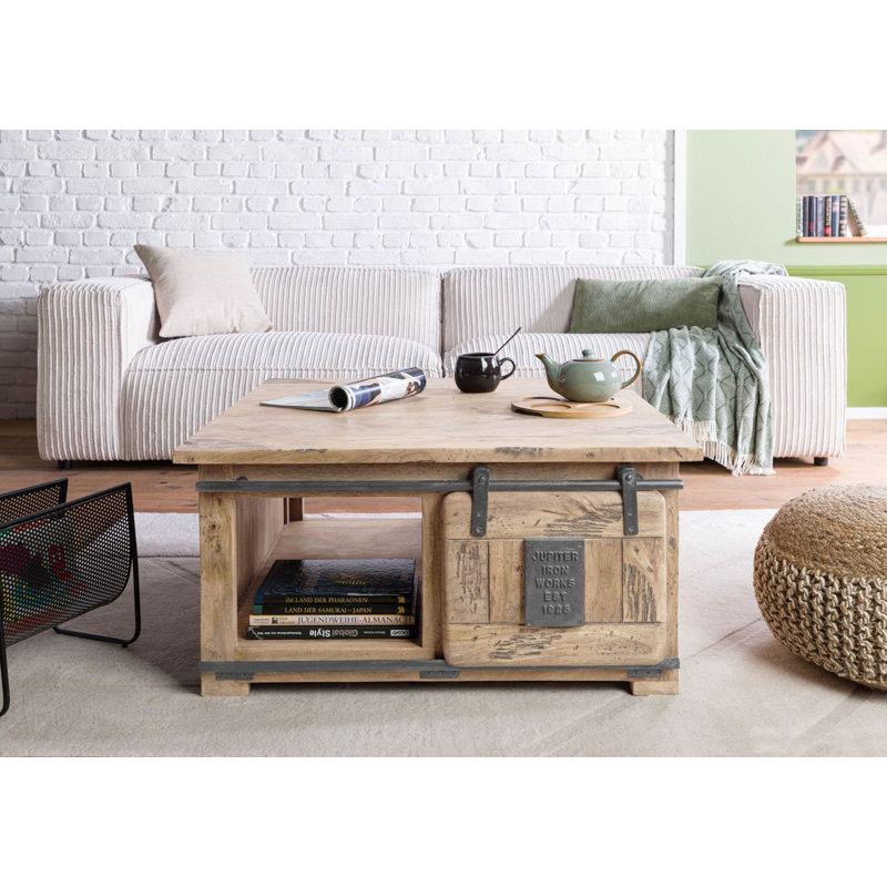 Solid Wood Four Leg Coffee Table with Storage, Whitewash lacquered