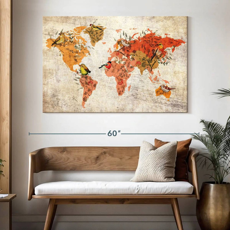 Carte du monde des oiseaux d'automne Aliaz, H 34 po x l 51 po