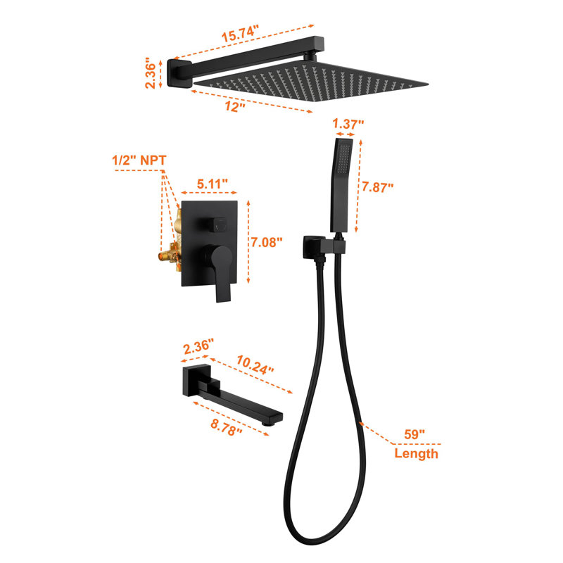 Robinet de douche avec valve brute, Noir mat