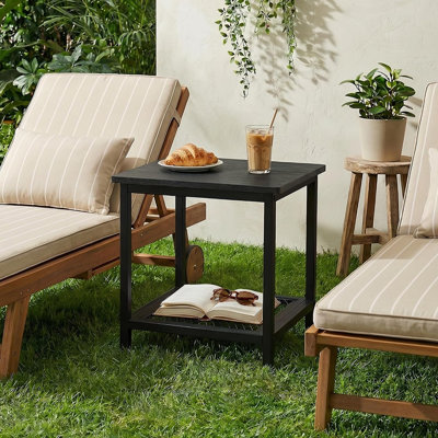 Table de bout extérieure à 2 niveaux HDPS, table de bout de patio résistante aux intempéries avec rangement, noir
