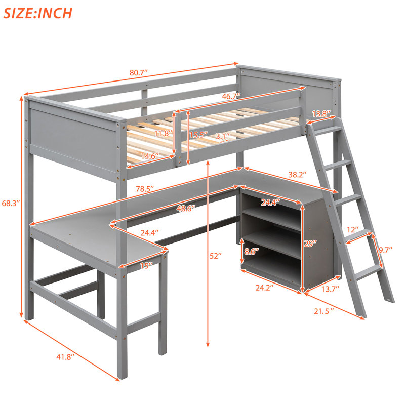 Lit mezzanine simple avec bureau et tablettes - gris, optimisation de l'espace pour les petites pièces, cadre en bois, étagères de rangement idéales pour travailler et dormir gris, maximiser l'espace