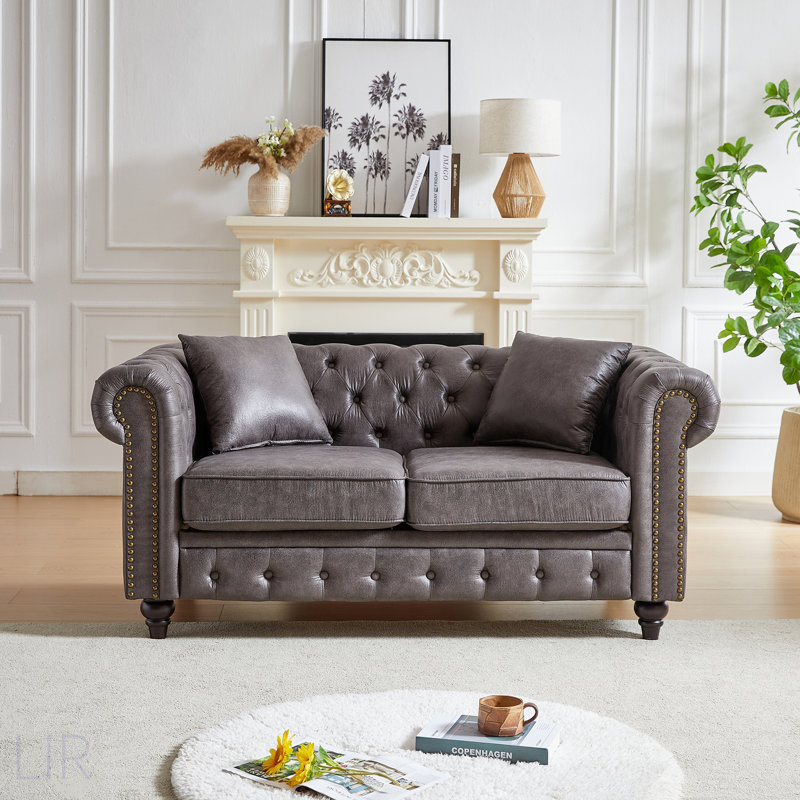 FX 63.5" Contemporary Design Chesterfield Sofa, Tech Fabric Button Design Living Room Sectional, Button Tufted With Nail Design Arms With 2 Pillows, Upholstered Upholstery And Wooden Legs