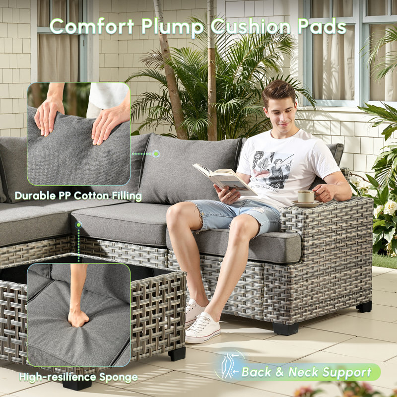 7-Seat All-Weather Outdoor Wicker Patio Conversation Furniture Set With Expandable Fire Pit Table, Dark Gray