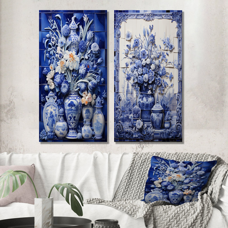 Bleu et blanc Boho Flower Pottery I - Boho Pottery Wall Art Living Room Ensemble de 2, H 28 po x l 25 po, Toile tendue
