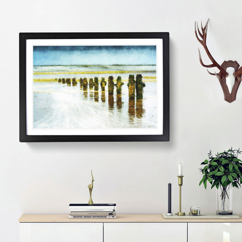 Groynes on Whitby Beach - Picture Frame Painting Print, 62cm H x 87cm W x 2cm D, Black Framed