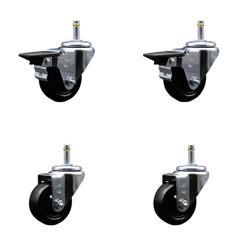 3 Inch Hard Rubber Wheel Swivel 7/16 Inch Grip Ring Stem Caster Set 2 Brakes SCC