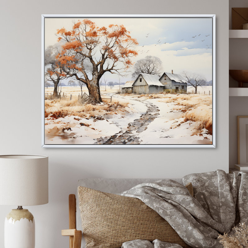 Martise Farmhouse Farmstead Winter Pointillism II - impression, H 12 po x l 20 po x P 1 po, Cadre flottant blanc