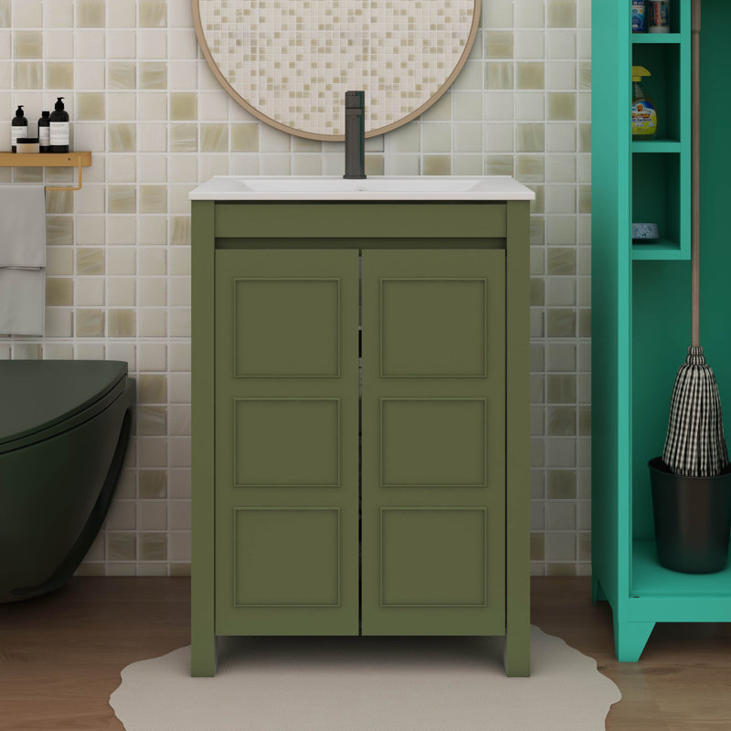 Ensemble de meuble-lavabo compact Timist Sophistication complété par un lavabo en céramique, Vert olive