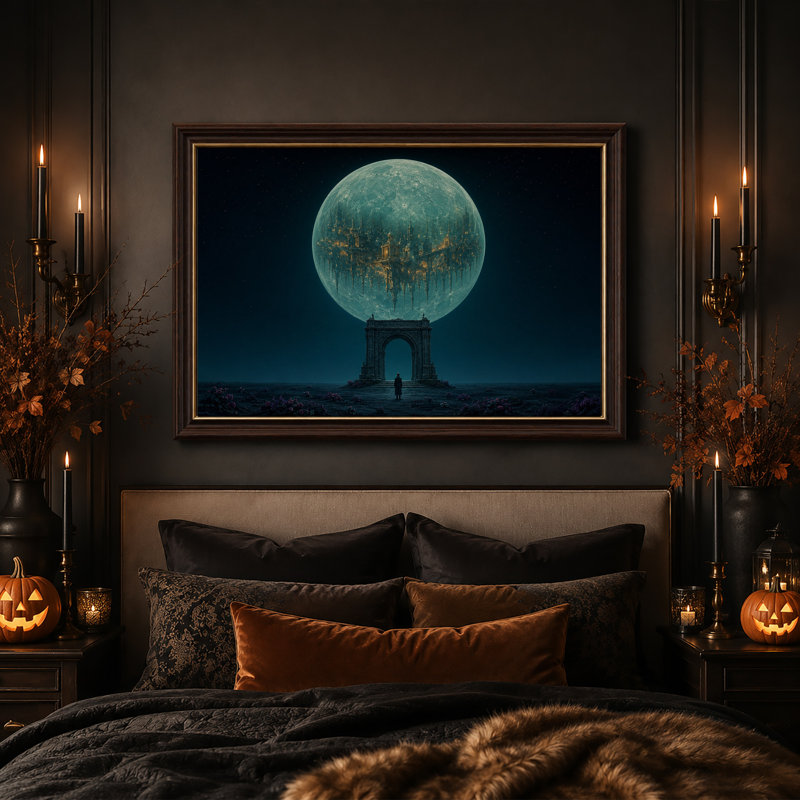 Toile murale d'Halloween avec lune bleue lumineuse et cité fantastique sur pierre, H 16 po x l 24 po