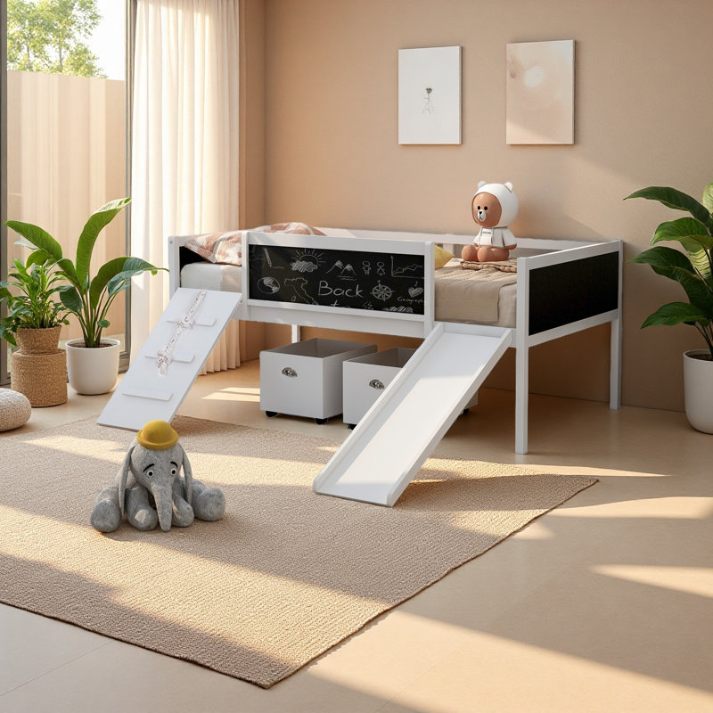 Lit mezzanine simple en bois avec deux boîtes de rangement, Blanc