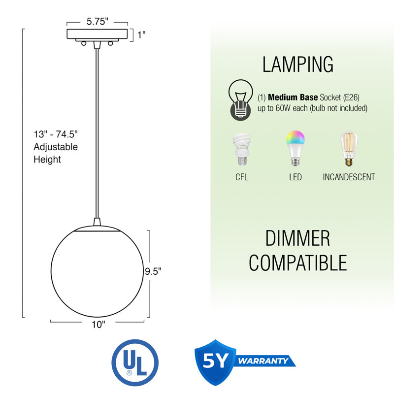 Luminaire suspendu en forme de sphère moderne de style Mid-Century avec diffuseur blanc mat givré Ebern Designs Irruj 10, finition blanche
