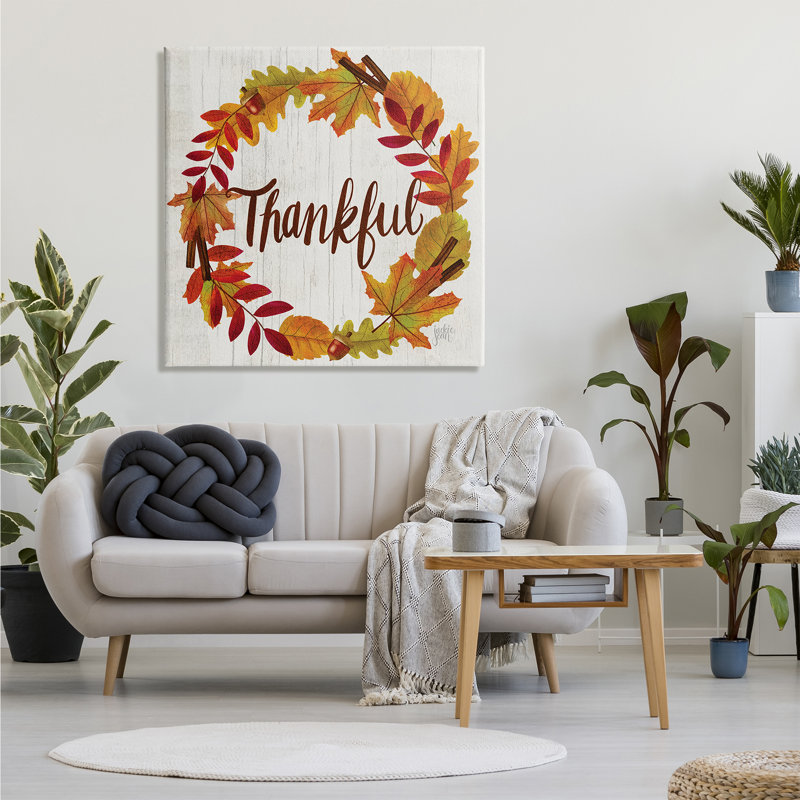 «Autumn Tree Leaf Wreath Thankful Sentiment Home» - Art textuel sur toile, H 36 po x l 36 po x P 1,5 po, Toile tendue