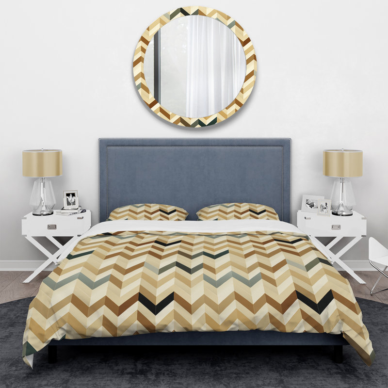 Ensemble de housse de couette beige à chevrons en microfibre Elegance I, Housse de couette simple + 1 taie décorative stan