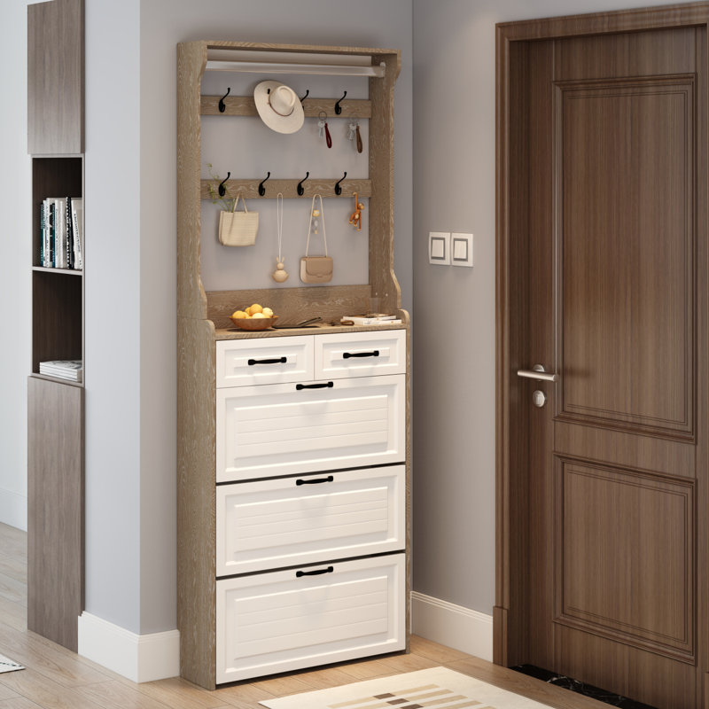 Armoire à chaussures avec 3 portes, 2 tiroirs avec support, porte en PVC avec forme, grand espace de rangement
