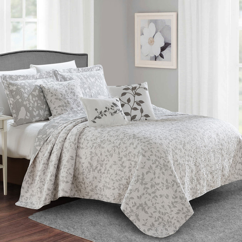 Gray and White Reversible Microfiber Queen Bedspread Set
