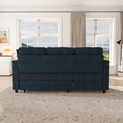 81-inch 3-in-1 foldable three-person sofa bed with a table board and USB ports, armrests with storage function. High-quality chenille three-person sofa. The sofa bed features adjustable backrest and p