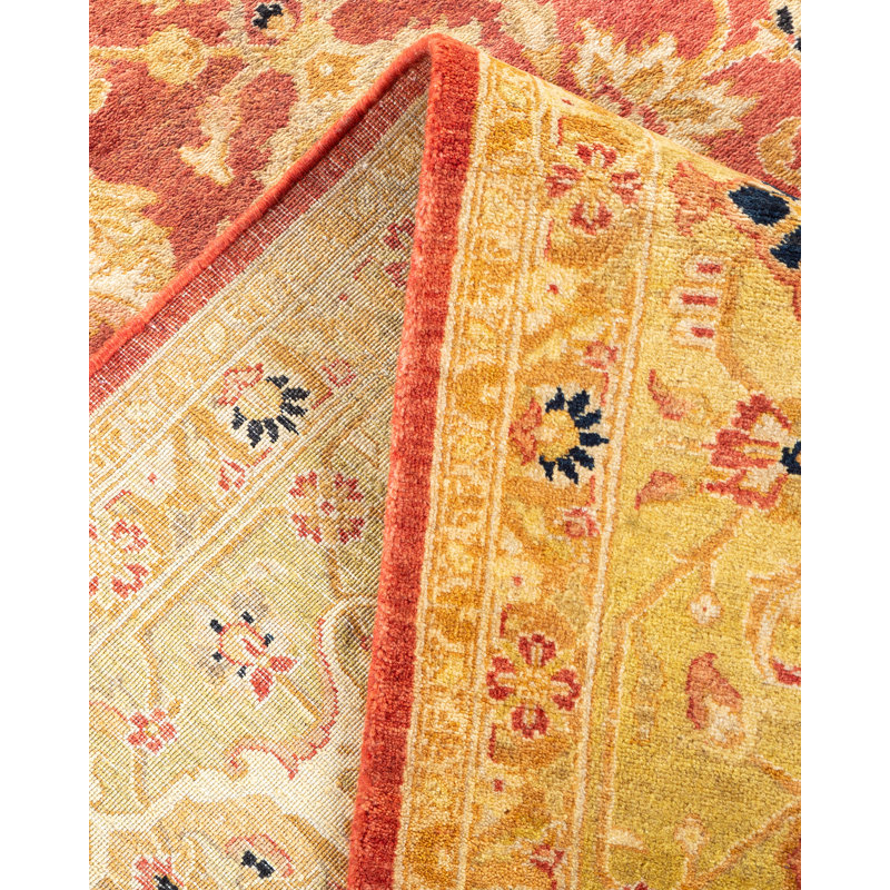 Tapis orange en laine noué à la main de conception unique 6 pi 2 po x 9 pi 5 po Costanzia