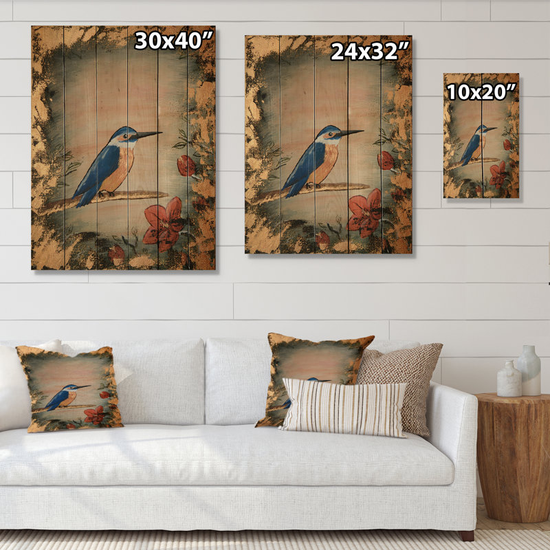 Martin-pêcheur argent moderne - peinture sur bois sans cadre, H 40 po x l 30 po x P 1 po