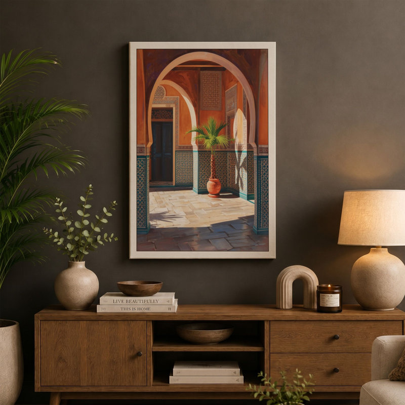 Mediterranean Courtyard Light Coastal - Wrapped Canvas, 30x20 - 76.2 x 50.8 cm, Teal Border
