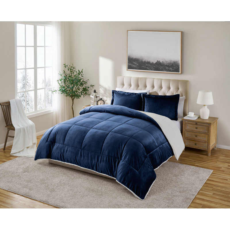 Ensemble d'édredon réversible en micro-vison et sherpa 3 pièces Swift Home, Édredon double et 2 taies décoratives, Marine