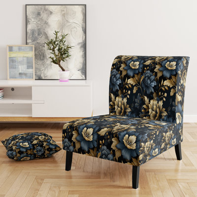 Fauteuil d'appoint traditionnel glamour en damas bleu foncé et doré - Revêtement en velours, fauteuil doré
