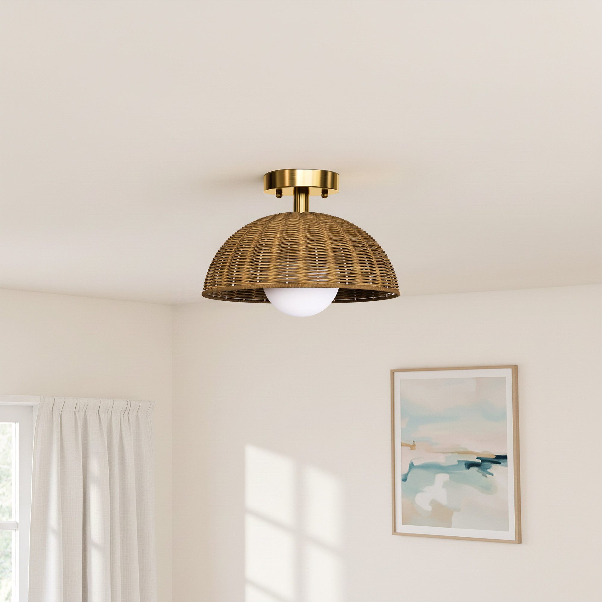 Bijolle 12'' 1 Light Farmhouse Rattan Plait Dome Semi Flush Mount Lighting For Living Room/Bedroom, Brushed Gold