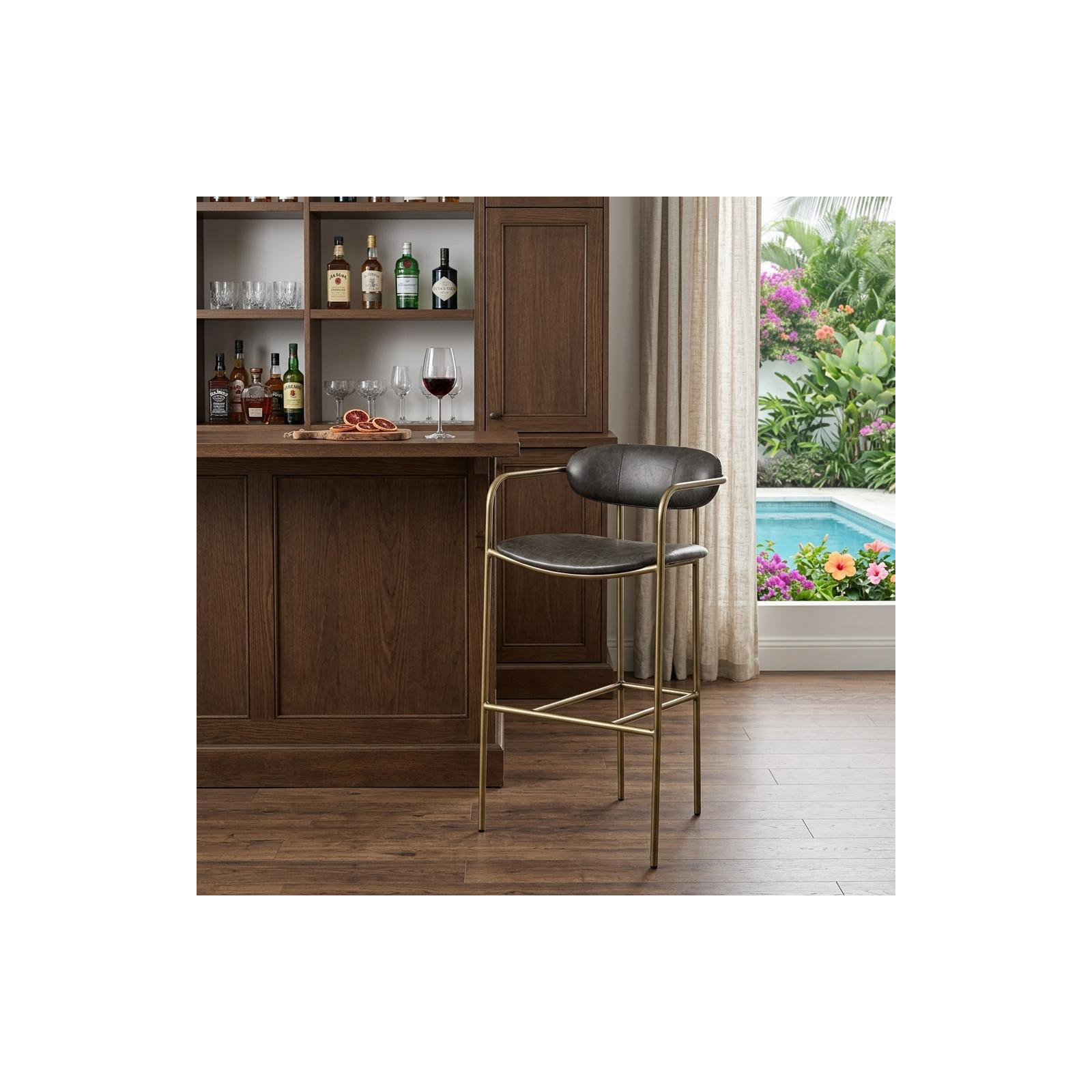 Belarus Fabric Seat Stool, Bar Stool (30" Seat Height), Gold, Dark Brown