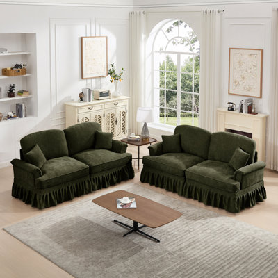 Ensemble de canapés modulaires classiques pour salon, avec accoudoirs évasés, jupes à volants amovibles et pattes fuselées, canapé deux places et causeuse pour salon
