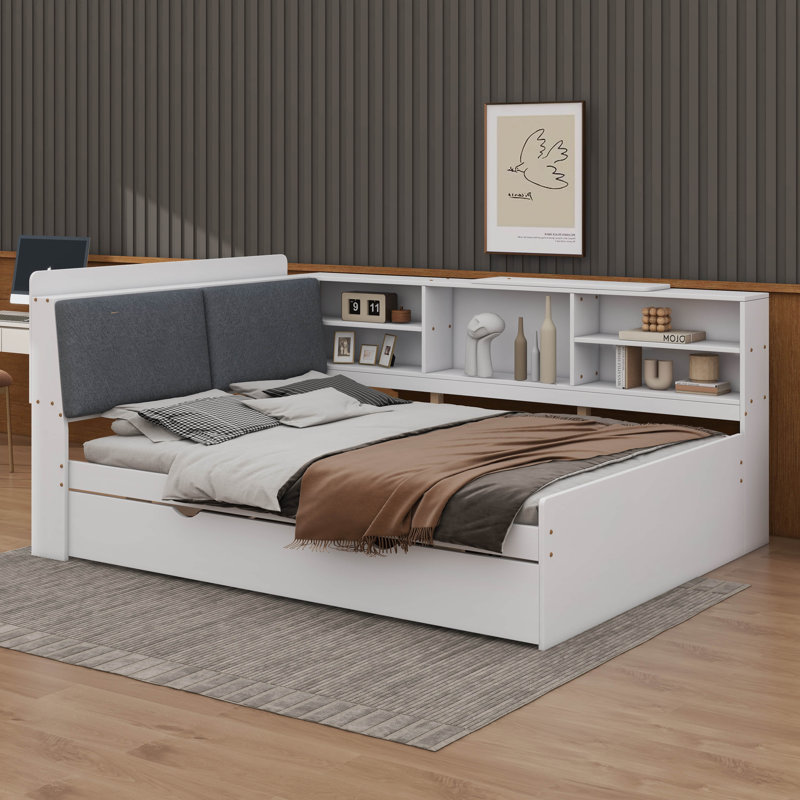 Lit plateforme avec lit gigogne, tablettes et tête de lit avec rangement, Blanc, Lit double