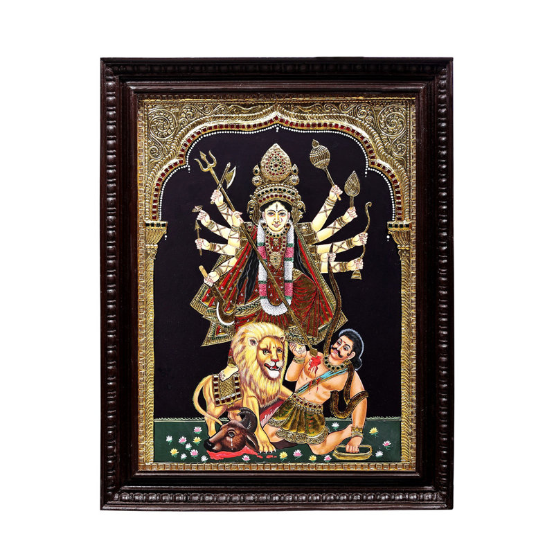 Mahishasura-Mardini Ten-Armed Durga Tanjore | Traditional Colours With 24K Gold | Teakwood Frame