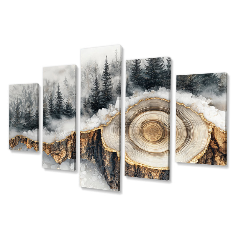 «Crystal Winter Forest Landscape Wood Slide II», art mural forêt - ensemble d'art mural traditionnel 5 pièces