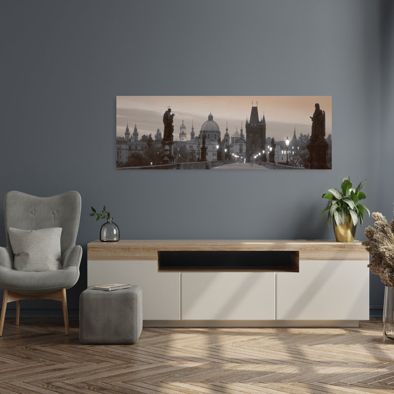 Lit Up Bridge At Dusk Charles Bridge Prague Czech Republic by Frank Chmura - Wrapped Canvas Panoramic Print
