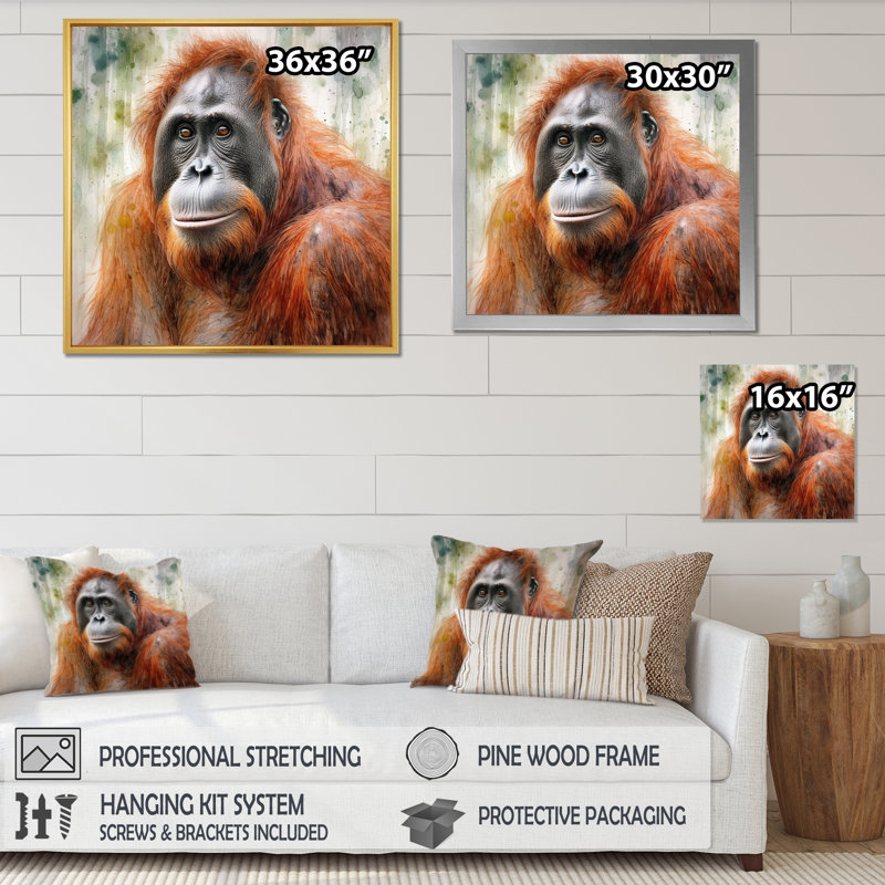 Orang-outan tropical I - animaux, art mural sur toile, H 24 po x l 24 po x P 1 po, Cadre doré à une seule photo