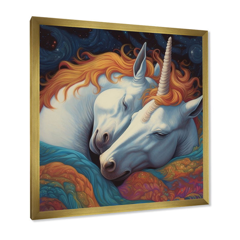 Mignonnes licornes qui dorment ensemble sur toile, Cadre doré à une seule photo, H 30 po x l 30 po x P 1 po